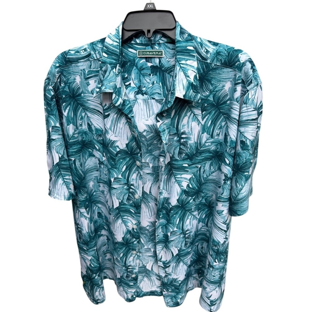 CUBAVERA.  Teal/White Tropical Print Short-Sleeve Button-Down Shirt.Size‎ XL.